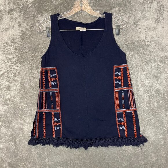 Madewell Women Embroidered Boho Navajo Tribal Fringe Scoop Neck Tank Top XS Navy - Picture 1 of 8